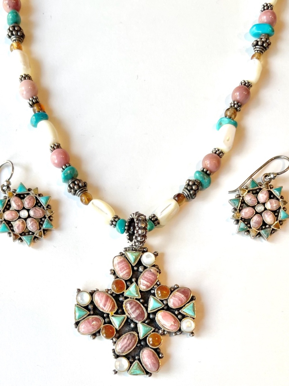Vintage BARSE 925 Sterling Silver Rhodochrosite Cross Necklace & Earrings Set